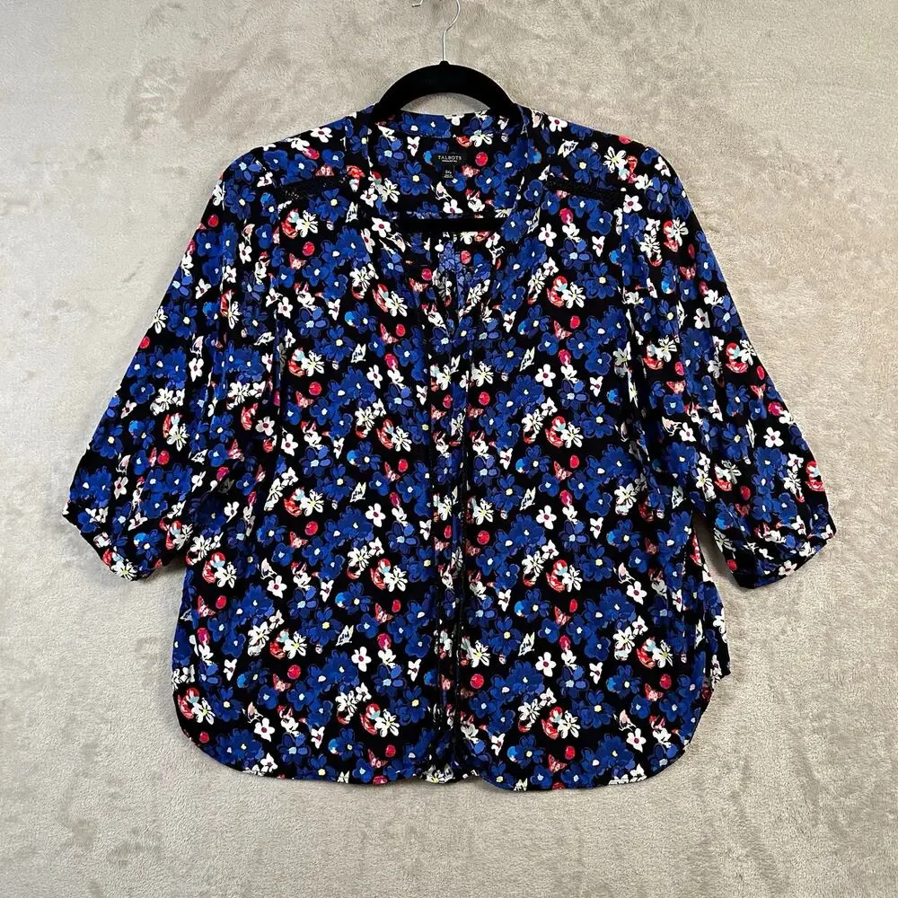 Talbots Petites Butterfly Floral Blouse Size 3XP V-Neck 3/4 Sleeve Cottagecore